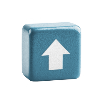 Blue 3D cube with white upward arrow symbol on its face, representing direction or navigation. cube has glossy finish, giving it modern and sleek appearance png