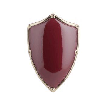 Shiny red shield with gold border, symbolizing protection and strength, is displayed against plain background. shield glossy surface reflects light, enhancing its elegant appearance png