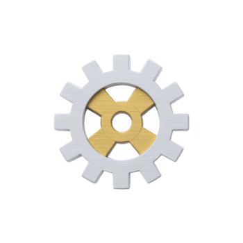 bianca e giallo Ingranaggio icona con semplice disegno, simboleggiante impostazioni o meccanico concetti. Ingranaggio ha circolare forma con in modo uniforme distanziati denti, veicolare precisione e funzionalità png