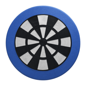 Blue and black dartboard with circular design and alternating black and white segments. dartboard has textured surface and is designed for recreational use png