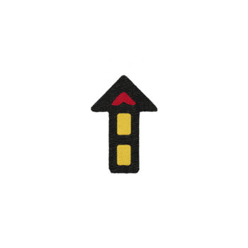 Black arrow with yellow rectangles and red triangle pointing upwards, resembling stylized road or path symbol. design is simple and minimalistic, conveying direction or progress png