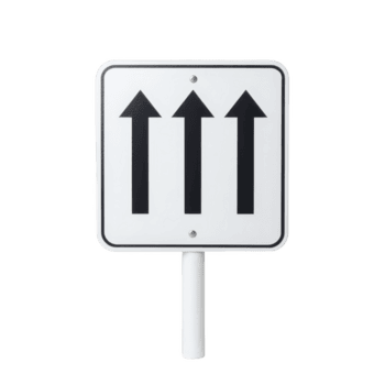 Road sign with three black arrows pointing upward on transparency background, indicating straight path or direction. sign is mounted on white pole png