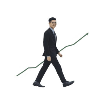 fiducioso uomo d'affari nel completo da uomo passeggiate inoltrare con crescente freccia simboleggiante crescita e successo. Immagine trasporta ambizione e progresso nel professionale ambientazione png