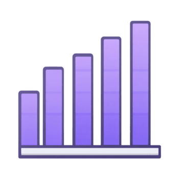 Purple bar chart icon with five vertical bars of varying heights represents data visualization and statistical analysis. gradient design adds modern touch png