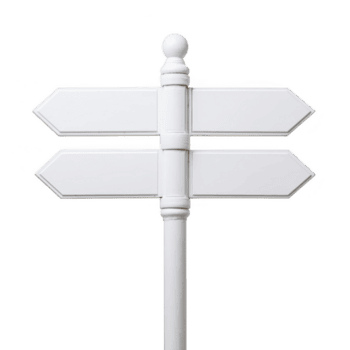 Blank white directional signpost with four arrows pointing in different directions, isolated on transparency background. signpost is simple and clean, offering sense of choice and direction png