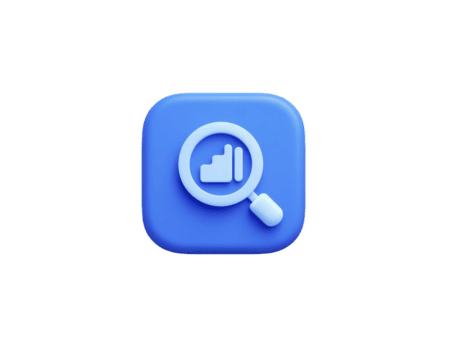 Blue 3D icon features magnifying glass over bar chart, symbolizing data analysis and research. design is modern and minimalistic, ideal for digital applications and interfaces png