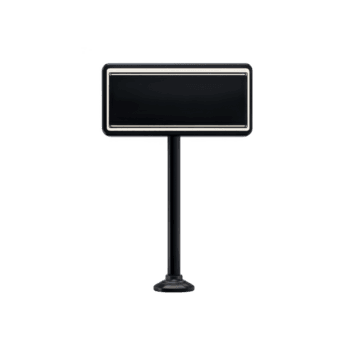 Blank black signboard with rectangular shape is mounted on single pole stand, ready for customization or display. simple design allows for versatile use in various settings png