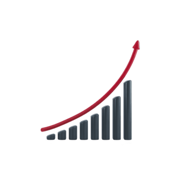 3D bar graph with red upward arrow represents growth and success. bars increase in height from left to right, symbolizing progress and positive trends in data or business performance png