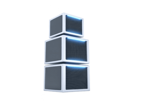 Stack of three futuristic, glowing blue and white cubes is arranged vertically, showcasing sleek and modern design. cubes have metallic texture and emit soft blue light, creating high tech png