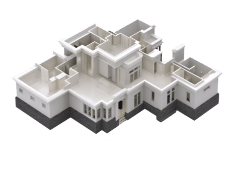 3D architectural model of modern house showcases detailed floor plan with multiple rooms, open spaces, and intricate design elements. structure features blend of contemporary and classic styles png