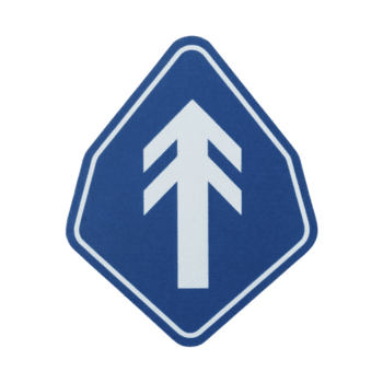 This shows blue road sign with white arrow pointing upwards, indicating direction or route. sign is hexagonal in shape and is used for navigation or traffic guidance png
