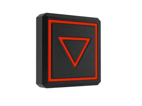 Black square button with red downward pointing triangle symbol in center, possibly representing control or navigation function. design is modern and minimalistic png