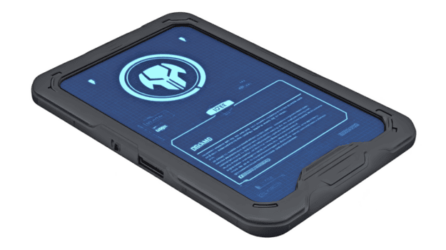 Futuristic digital tablet with sleek design and blue interface displays high tech screen featuring logo and text. device appears advanced and modern, suitable for sci fi settings png