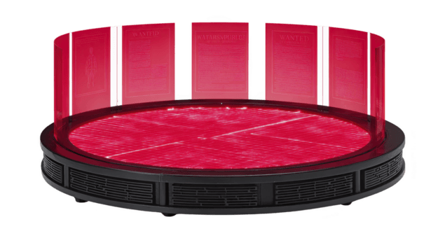 futuristico, circolare Schermo con rosso trasparente pannelli e nero base, possibilmente Usato per interattivo presentazioni o mostre. pannelli caratteristica testo e grafica, la creazione di alto Tech atmosfera png