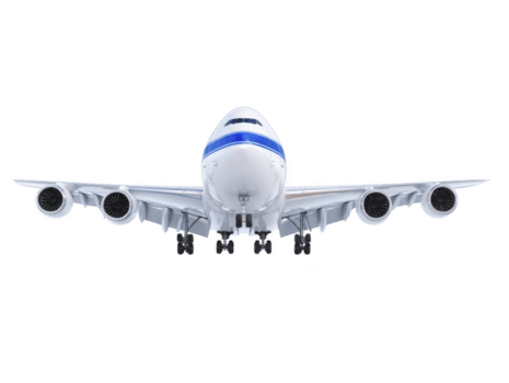 Large commercial airplane with blue stripe is flying towards viewer, showcasing its landing gear and engines. aircraft is set against clear background, emphasizing its size and design png