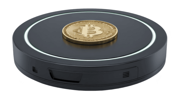 Gold Bitcoin coin rests on sleek, black circular platform with glowing edge, symbolizing modern digital currency and technology. image conveys sense of innovation and futuristic finance png