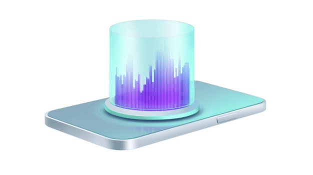 futuristico olografico Schermo progetti vivace bar grafico a partire dal elegante smartphone, in mostra Avanzate tecnologia e innovazione. raggiante blu e viola tonalità creare moderno e dinamico visivo png