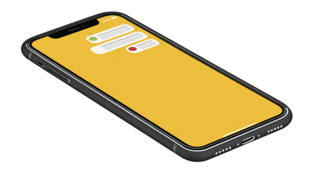 teléfono inteligente con amarillo pantalla muestra notificación burbujas, indicando mensajes o alertas dispositivo es angular, demostración sus pulcro diseño y moderno características, sugerencia conectividad png