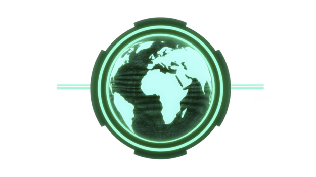 Glowing digital globe with futuristic design, featuring green hue and grid lines, represents global connectivity and technology. image conveys sense of innovation and modernity png