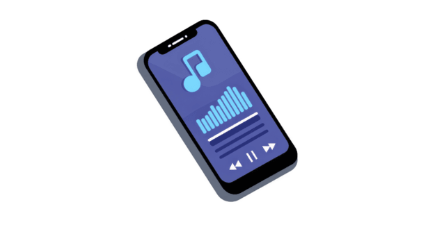 Smartphone displaying music player app with blue interface, featuring music note icon, equalizer bars, and playback controls. screen is tilted, giving dynamic perspective png