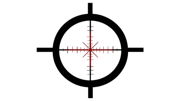 Black and red crosshair design with circular shape and detailed markings, often used in targeting or aiming contexts. design is symmetrical and precise, conveying focus and accuracy png