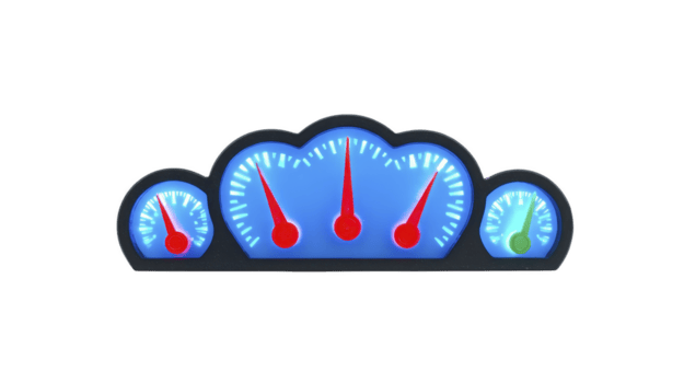 digital tablero monitor con Tres medidores demostración diferente niveles, presentando azul antecedentes y rojo agujas, indicando varios mediciones. diseño es moderno y pulcro png