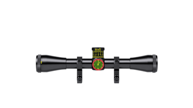 Black rifle scope with digital display showing range and windage information, designed for precision targeting. scope features adjustable dials and sleek, modern design suitable for outdoor use png