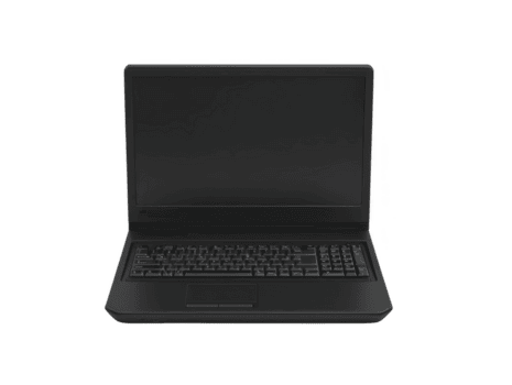 elegante nero il computer portatile con minimalista disegno, con pieno tastiera e grande schermo, Perfetto per professionale o personale uso. dispositivo è aprire, in mostra suo moderno e funzionale stile png