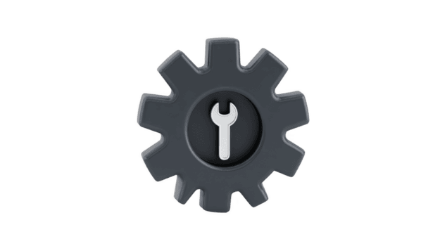 Black gear icon with wrench symbol in center represents settings or tools, conveying sense of functionality and utility. design is simple and modern, suitable for digital interfaces png