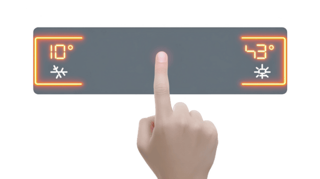 Hand interacts with digital thermostat display, showing temperature settings of 10 and 43 degrees with illuminated icons. interface is sleek and modern, indicating smart home device png