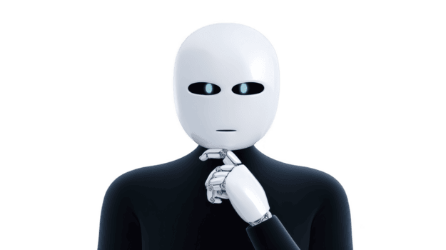 Humanoid robot with white face and blue eyes is depicted in thoughtful pose, touching its chin with mechanical hand. robot sleek design and expression suggest contemplation and intelligence png
