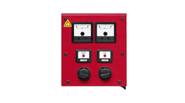 rosso elettrico controllo pannello con analogico metri e interruttori è visualizzato, con avvertimento simbolo per sicurezza. design è industriale e funzionale, adatto per monitoraggio elettrico sistemi png