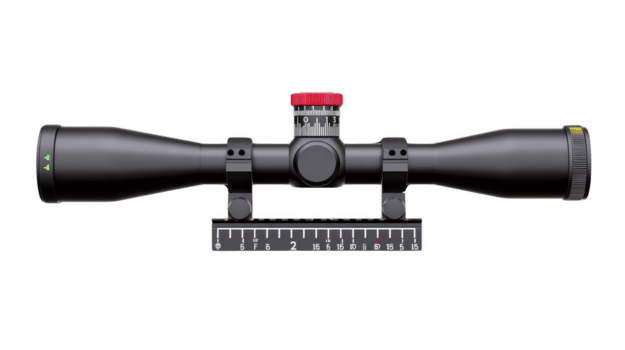 Black rifle scope with red adjustment knob and measurement markings is shown, designed for precision aiming. scope features sleek, modern design, suitable for hunting or target shooting png