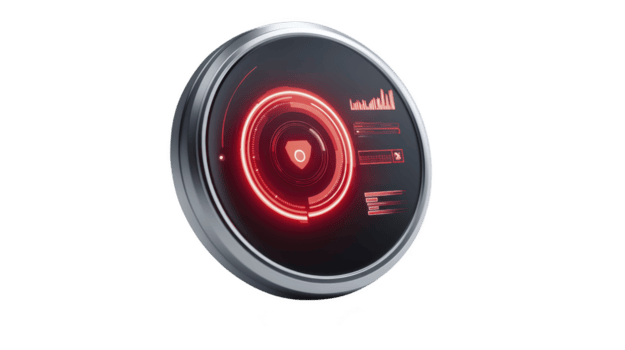 Futuristic digital interface with circular design features glowing red elements, including graphs and central shield icon, suggesting security and technology themes png