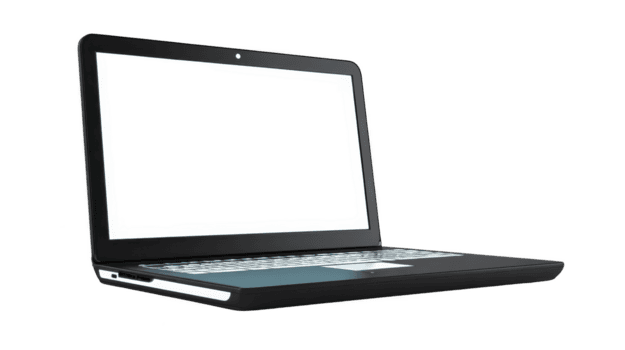 glatt schwarz Laptop mit öffnen Bildschirm Anzeigen leer Transparenz Hintergrund, präsentieren modern Design. Tastatur ist sichtbar, und Gerät ist abgewinkelt leicht zu Seite, betonen es ist schlank Profil png