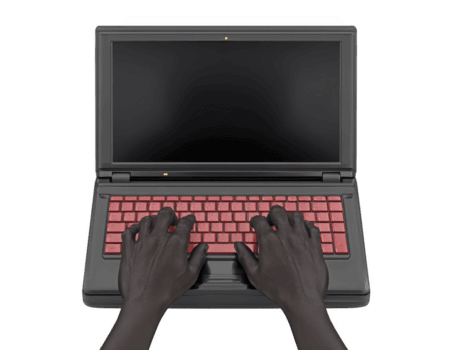 persona es mecanografía ordenador portátil con rojo teclado, exhibiendo moderno y pulcro diseño. manos son posicionado teclado, sugerencia activo utilizar y compromiso. ordenador portátil pantalla es blanco, enfatizando atención mecanografía png