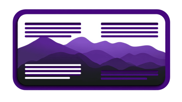 Stylized illustration features purple mountain landscape with layered peaks and abstract text blocks, creating modern and artistic design. use of gradients adds depth and visual interest png