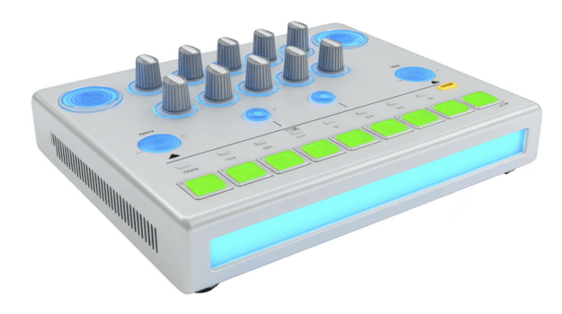 Modern electronic music controller with multiple knobs, buttons, and LED lights, designed for music production and live performances. device features sleek design with glowing interface png