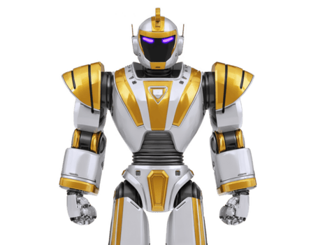 futurista robot con pulcro diseño presentando oro y blanco armadura, brillante púrpura ojos, y humanoide forma. robot avanzado tecnología y fuerte construir sugerir eso es diseñado para varios Tareas png