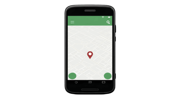 Smartphone displaying map with location pin on screen, indicating navigation or GPS functionality. interface is simple with green header and search icon, suggesting user friendly design png