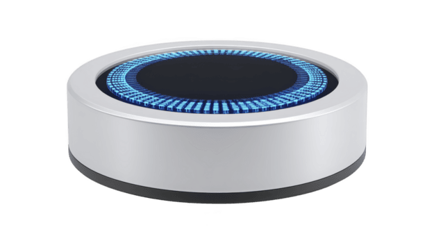 elegante, moderno inteligente altoparlante con circolare design e raggiante blu guidato Schermo, Perfetto per valorizzare casa automazione e Audio esperienze png