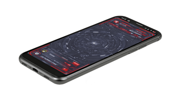 Sleek smartphone displays futuristic interface with digital dashboard, featuring vibrant red and blue elements. screen shows complex, circular design, suggesting advanced technology and innovation png