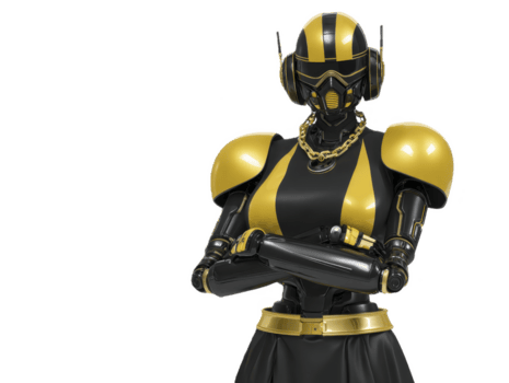 Futuristic robot with sleek black and yellow design stands confidently, showcasing advanced technology and modern aesthetics. robot metallic surface and intricate details highlight innovation png