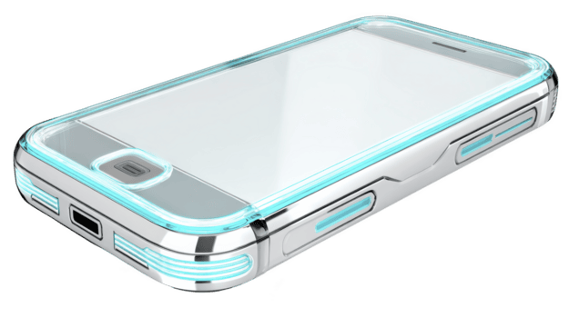 elegante smartphone con trasparente Astuccio e raggiante blu accenti, in mostra moderno design. dispositivo Caratteristiche grande schermo e minimalista pulsanti, sottolineando futuristico tecnologia png