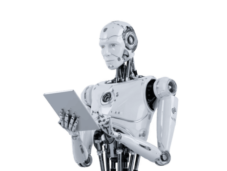 Humanoid robot with sleek design is holding tablet, showcasing advanced technology and futuristic innovation. robot metallic structure and digital interface highlight its role modern robotics png