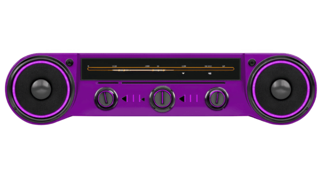 Vibrant purple retro style stereo system with dual speakers and central control panel evokes nostalgia. design features sleek interface with buttons and dials for easy navigation png