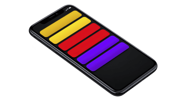 smartphone visualizzazione colorato pendenza bar grafico su suo schermo, con giallo, rosso, e blu barre. dispositivo è angolata su pianura sfondo, evidenziazione vivace Schermo png