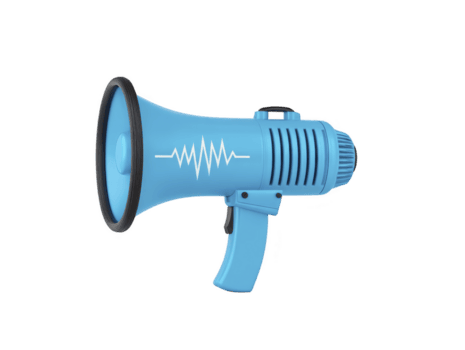 Blue megaphone with sound wave graphic, designed for amplifying sound. This vibrant device is often used in events, sports, and public speaking to capture attention and convey messages effectively png