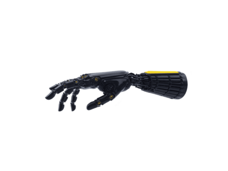 Futuristic robotic hand designed for advanced functionality and precision. sleek black exterior features intricate joints and yellow accent, symbolizing innovation in technology and engineering png
