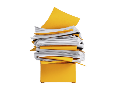 Tall stack of disorganized papers and documents in yellow folder, representing clutter and need for organization. This conveys sense of chaos and importance of managing paperwork effectively png